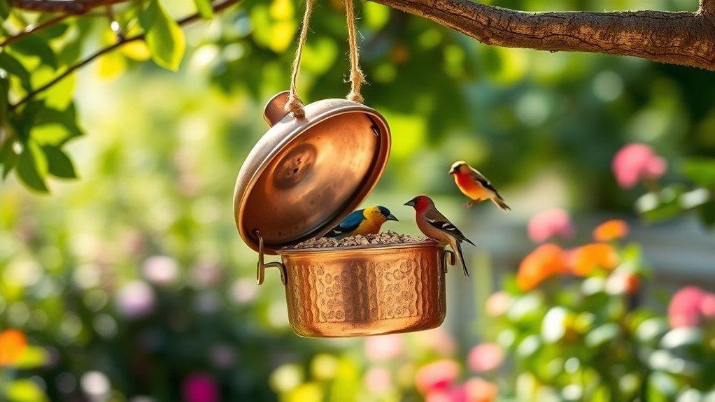 upcycled cookware bird feeder